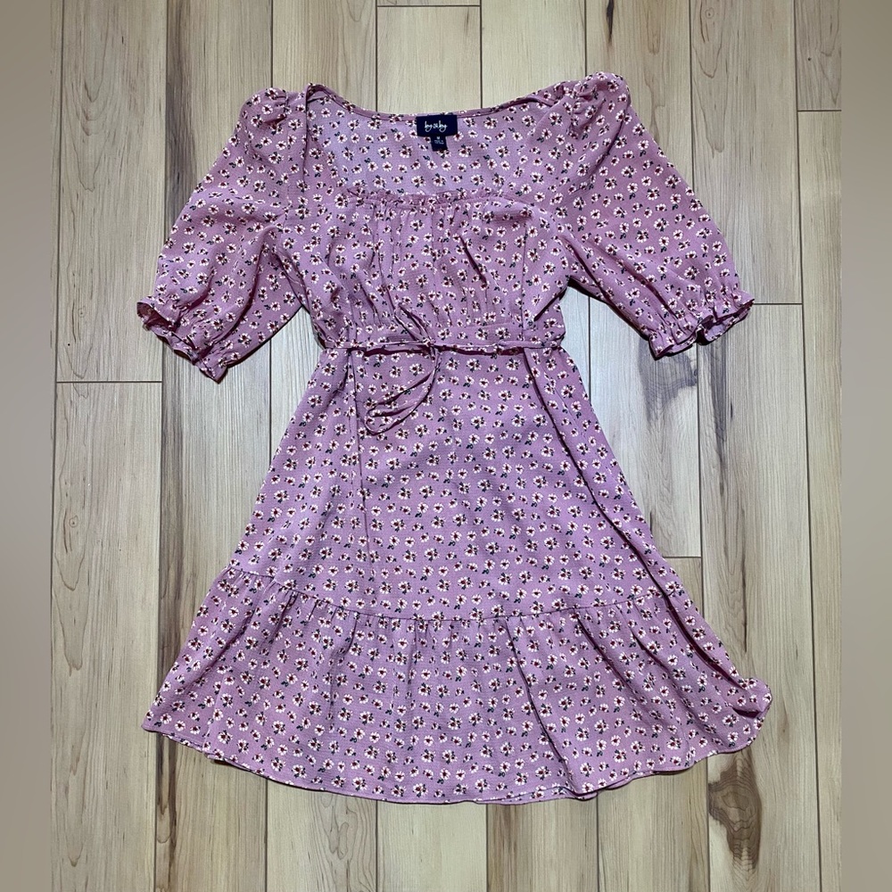By&By Pink Floral Dress Size Medium Puff Short Sleeve Tie Waist